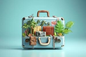 Creative Summer Beach Composition in Suitcase on Blue Background, A Travel Concept Idea in 3D Rendering. AI Generative photo