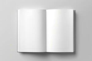 Blank opened book mockup, top view, isolated on white background. Generative AI photo