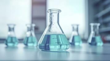 A Science Beaker in the laboratory on a table white and light blue background. laboratory equipment out of focus. AI Generative photo