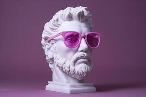 el cabeza de un blanco mitológico estatua con de moda rosado lentes en su ojos, marco en perfil. ai generativo foto