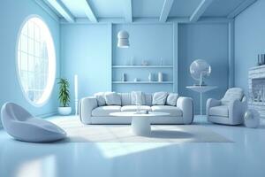 A professional and eye catching light blue with white living room in the metaverse, futuristic, AI Generative photo