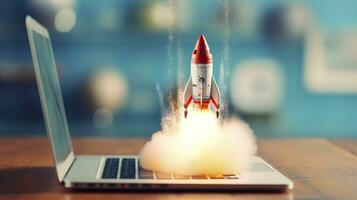 A small rocket takes off from a Laptop with vibrant color combinations in light sky blue and light gray colors for a website, business, and financial success concepts.  AI Generative photo