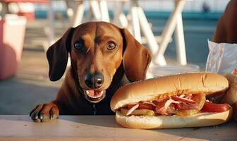 Cheeky dachshund dog caught in the act, about to enjoy a stolen hot dog. Created with AI photo