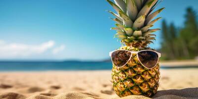Background of pineapple with sunglass. Created with AI tools photo