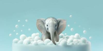 Minimalist Albino Elephant in a Bathtub of Soap Bubbles Against a Cyan Background. AI Generative photo