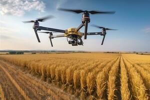 Drone monitoring crops and smart agriculture in a digital farming.  AI Generative photo