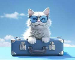 Cute cat on blue suitcase with sunglasses. AI Generative photo