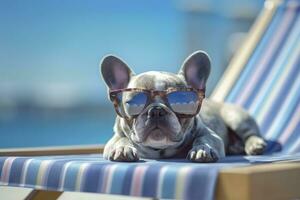 Dog Puppy wearing sunglasses, lying on a sunbed to sunbath at the beach sea on summer vacation, holidays. Funny concept. AI Generative photo