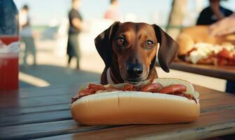 Cheeky dachshund dog caught in the act, about to enjoy a stolen hot dog. Created with AI photo