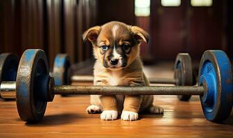 en un gimnasio configuración, un pequeño perrito junto a un barra con pesas capturas ai generativo foto