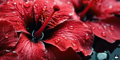 close-up hibiscus with drops water wallpaper. Created with AI tools photo