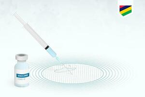 COVID-19 vaccination in Mauritius, coronavirus vaccination illustration with vaccine bottle and syringe injection in map of Mauritius. vector