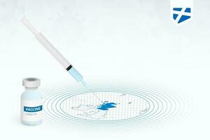 COVID-19 vaccination in Scotland, coronavirus vaccination illustration with vaccine bottle and syringe injection in map of Scotland. vector