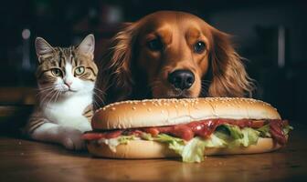 Curious cat and dog eyeing a hot dog. Created with AI photo