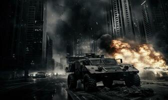 intenso campo de batalla escena. ardiente blindado militar vehículo en ciudad. creado ai herramientas foto