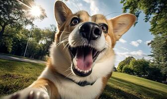 Close-up joyful corgi capturing a selfie. Created with AI photo