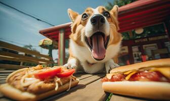 Playful corgi dog in a cafe setting, eagerly eyeing a tempting hot dog on a wooden table. Created AI tools photo