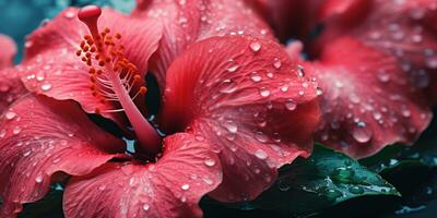 close-up hibiscus with drops water wallpaper. Created with AI tools photo