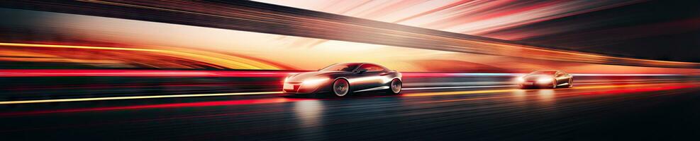 Under the night sky, a sleek sports car speeds along a racetrack. Created with AI photo