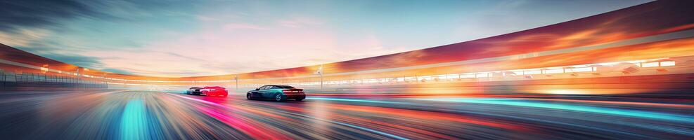 Under the night sky, a sleek sports car speeds along a racetrack. Created with AI photo