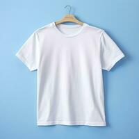 Simple White T-Shirt on Soft Blue Background. AI Generative photo