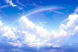 Rainbow in the Bright Blue Sky. AI Generative photo