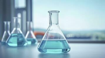 A Science Beaker in the laboratory on a table white and light blue background. laboratory equipment out of focus. AI Generative photo