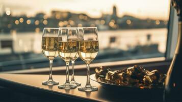 Luxury evening party on a cruising yacht with a champagne setting. Champagne glasses and bottles with champagne with bokeh yacht in the background, nobody. AI Generative photo