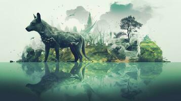 Fantasy animal, double exposure of fantasy world with green trees. AI Generative photo