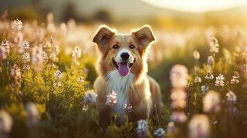 encantador corgi perro con flores en el primavera. generativo ai foto