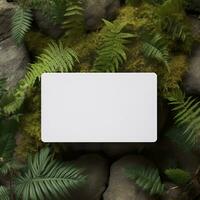 Blank business card on green leaves background. Generative AI photo