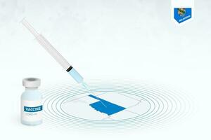 covid-19 vacunación en Oklahoma, coronavirus vacunación ilustración con vacuna botella y jeringuilla inyección en mapa de Oklahoma. vector