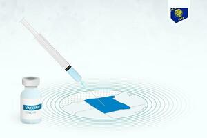 COVID-19 vaccination in Oregon, coronavirus vaccination illustration with vaccine bottle and syringe injection in map of Oregon. vector