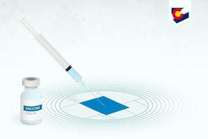 COVID-19 vaccination in Colorado, coronavirus vaccination illustration with vaccine bottle and syringe injection in map of Colorado. vector