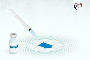 COVID-19 vaccination in Iowa, coronavirus vaccination illustration with vaccine bottle and syringe injection in map of Iowa. vector