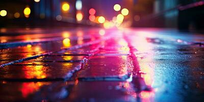 Wet asphalt with neon light. Created with AI tools photo