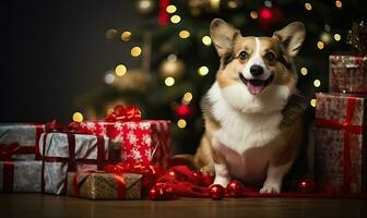 Playful Corgi sits by a dazzling Christmas tree Created with generative AI tools photo