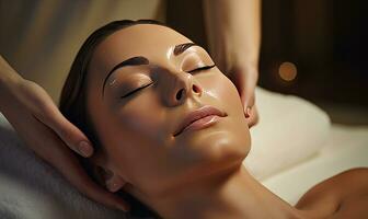 Woman enjoying a rejuvenating facial massage at a spa. Created with AI photo