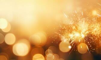 A sparkler emits shimmering light against a golden bokeh background. Created with AI photo