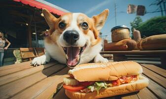 Playful corgi dog in a cafe setting, eagerly eyeing a tempting hot dog on a wooden table. Created AI tools photo