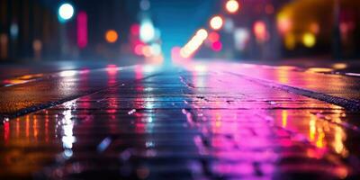 Wet asphalt with neon light. Created with AI tools photo