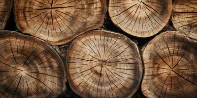 Wooden natural sawn logs as background. Created with AI tools photo