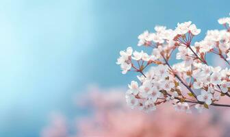 Cherry blossoms on the background of the spring sky. Fruit tree flowers wallpaper. For banner, postcard, book illustration. Created with generative AI tools photo