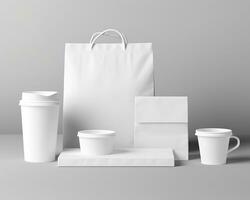 Blank bag, coffee mug, and cup on a light background. Generative AI photo
