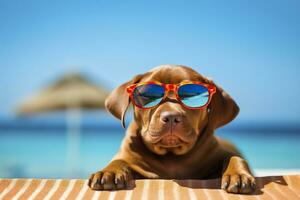 perro perrito vistiendo Gafas de sol, acostado en un cama solar a baño de sol a el playa mar en verano vacaciones, vacaciones. gracioso concepto. ai generativo foto