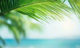 de cerca de palma hoja con borroso tropical playa. creado con ai foto