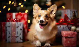 Playful Corgi sits by a dazzling Christmas tree Created with generative AI tools photo
