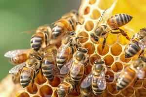 honey bees on honeycomb in apiary in summertime, Honey bees communicate with each other, AI Generative photo