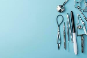 top view on various medical equipment, light blue background, copy space, AI Generative photo