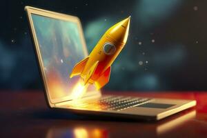 Launching a new product or service. Technology development process. Space rocket launch. 3d render. Yellow rocket lift up from the display laptop. AI Generative photo